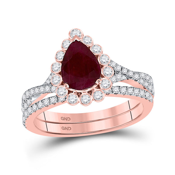 14kt Rose Gold Pear Ruby Diamond Halo Bridal Wedding Ring Band Set 1-7/8 Cttw