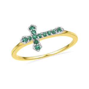 10kt Yellow Gold Womens Round Synthetic Emerald Cross Band Ring 1/8 Cttw
