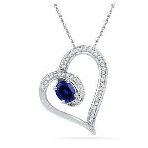 10kt White Gold Womens Oval Synthetic Blue Sapphire Heart Outline Pendant 3/4 Cttw