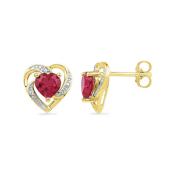 10kt Yellow Gold Womens Round Synthetic Ruby Diamond Heart Earrings 3/8 Cttw