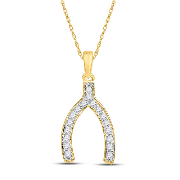 10k Yellow Gold Womens Round Diamond Lucky Wishbone Fortune Pendant 1/6 Cttw