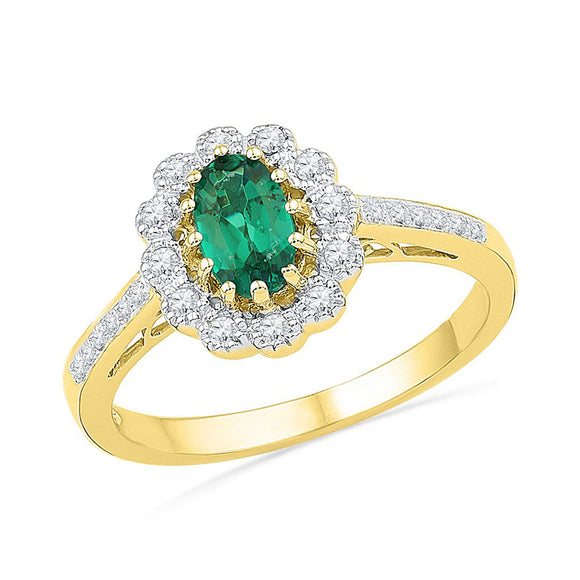 10kt Yellow Gold Womens Oval Synthetic Emerald Diamond Solitaire Ring 7/8 Cttw