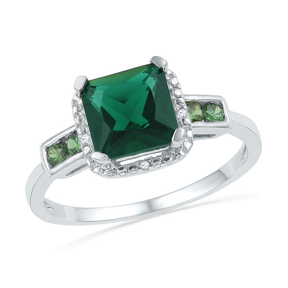 Sterling Silver Womens Princess Synthetic Emerald Solitaire Diamond-accent Ring 2-1/5 Cttw