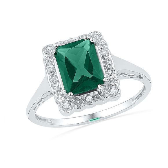Sterling Silver Womens Synthetic Emerald Solitaire Diamond Ring 1-3/4 Cttw