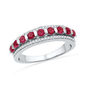 10kt White Gold Womens Round Synthetic Ruby Diamond Band Ring 1 Cttw