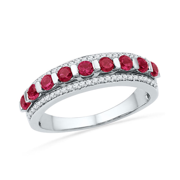 10kt White Gold Womens Round Synthetic Ruby Diamond Band Ring 1 Cttw
