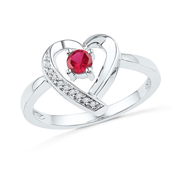 Sterling Silver Womens Round Synthetic Ruby Solitaire Diamond Heart Ring 1/4 Cttw
