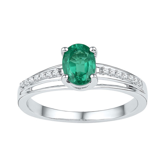 Sterling Silver Womens Oval Synthetic Emerald Solitaire Diamond Ring 1/2 Cttw