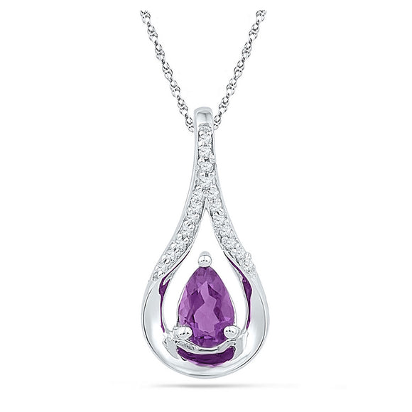 Sterling Silver Womens Pear Synthetic Amethyst Solitaire Diamond Teardrop Pendant 1/2 Cttw