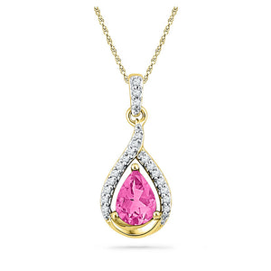 10kt Yellow Gold Womens Pear Synthetic Pink Sapphire Solitaire Diamond Pendant 1-5/8 Cttw
