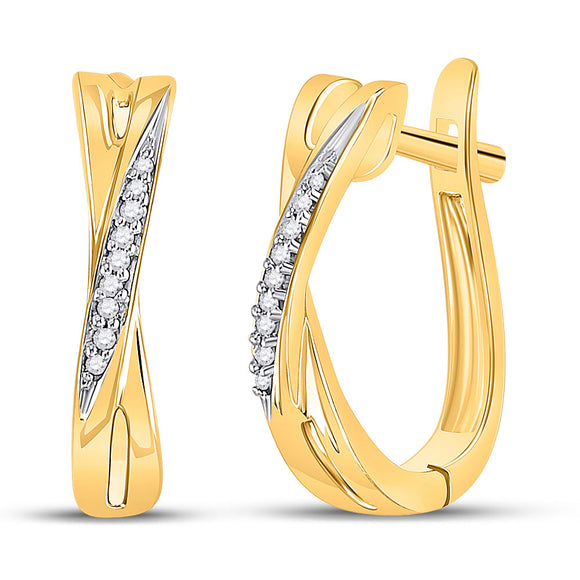 10kt Yellow Gold Womens Round Diamond Slender Crossover Hoop Earrings 1/20 Cttw