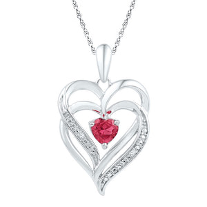 Sterling Silver Womens Round Synthetic Ruby & Diamond Heart Pendant .01 Cttw