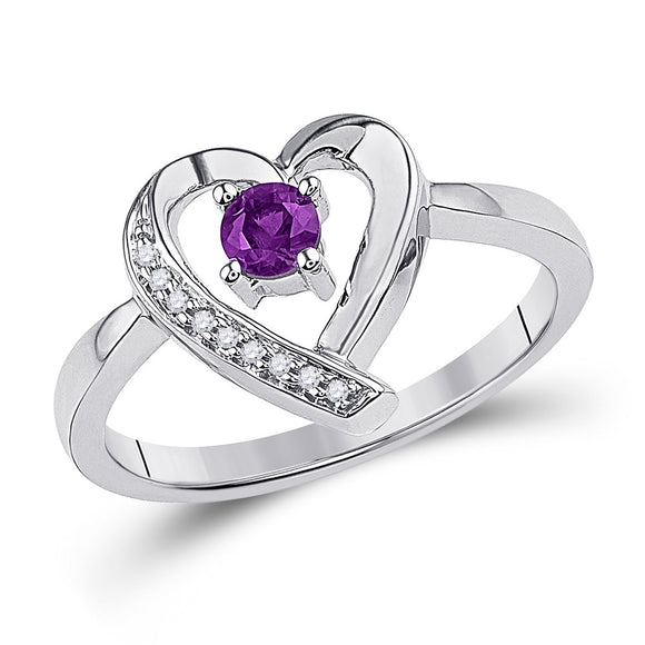 Sterling Silver Womens Round Synthetic Amethyst Diamond Heart Ring 1/4 Cttw