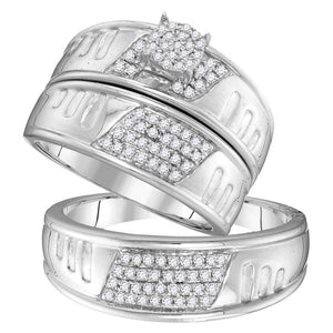 10kt White Gold His Hers Round Diamond Cluster Matching Wedding Set 3/8 Cttw
