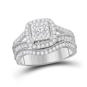 14kt White Gold Princess Diamond Halo Bridal Wedding Ring Band Set 1 Cttw