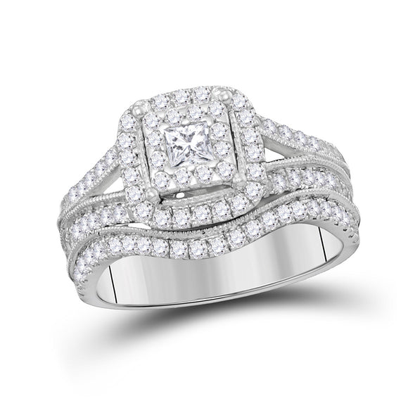 14kt White Gold Princess Diamond Halo Bridal Wedding Ring Band Set 1 Cttw