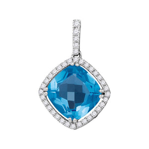 14kt White Gold Womens Cushion Blue Topaz Diamond Square Solitaire Pendant 3-1/2 Cttw