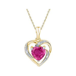 10kt Yellow Gold Womens Round Synthetic Pink Sapphire Heart Pendant 1 Cttw