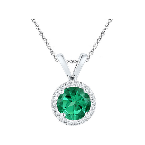 10k White Gold Womens Synthetic Emerald Solitaire & Diamond Halo Pendant 7/8 Cttw