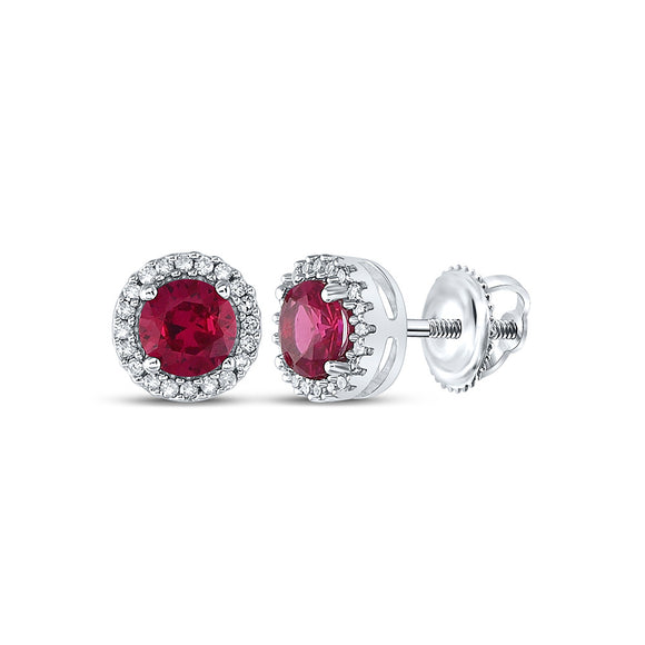10kt White Gold Womens Round Synthetic Ruby Diamond Stud Earrings 1-1/3 Cttw