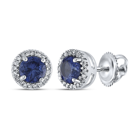 Sterling Silver Womens Round Synthetic Blue Sapphire Stud Earrings 1-1/2 Cttw