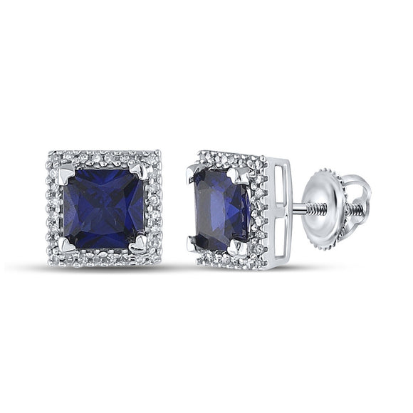 10kt White Gold Womens Princess Synthetic Blue Sapphire Stud Earrings 2 Cttw