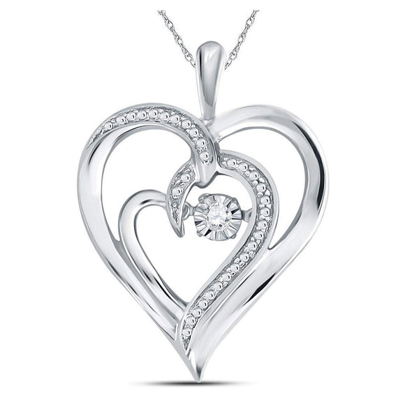 Sterling Silver Womens Round Diamond Heart Moving Twinkle Pendant .03 Cttw