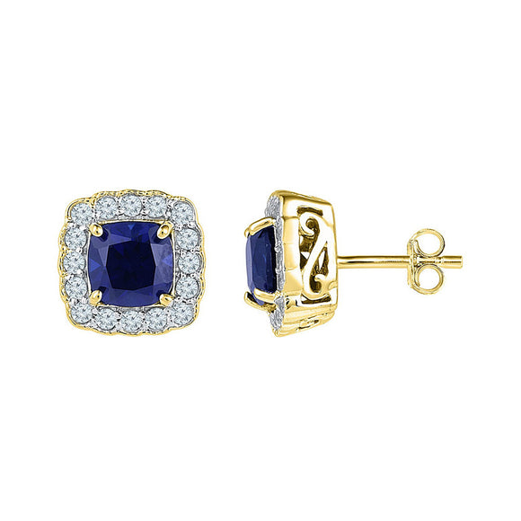 10kt Yellow Gold Womens Cushion Synthetic Blue Sapphire Stud Earrings 3-1/3 Cttw