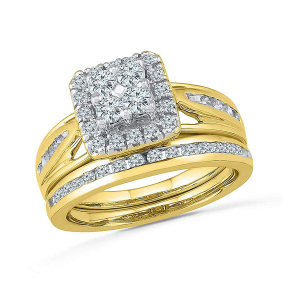 10kt Yellow Gold Round Diamond Cluster Bridal Wedding Ring Band Set 1 Cttw