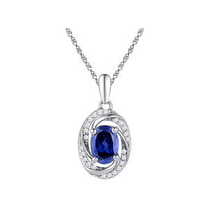 10kt White Gold Womens Oval Synthetic Blue Sapphire Solitaire Diamond Pendant 1-1/3 Cttw