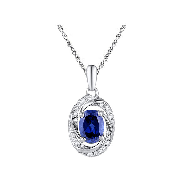 10kt White Gold Womens Oval Synthetic Blue Sapphire Solitaire Diamond Pendant 1-1/3 Cttw