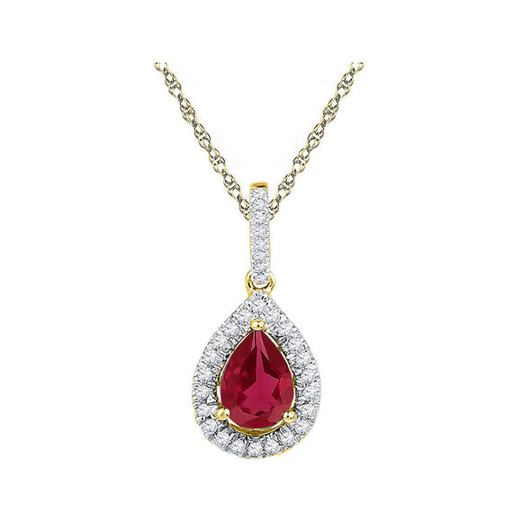 10kt Yellow Gold Womens Pear Synthetic Ruby Solitaire Diamond Frame Pendant 1-7/8 Cttw