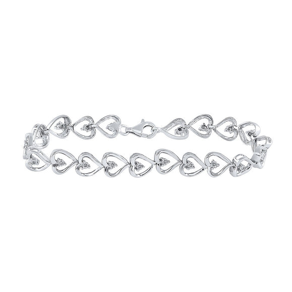 Sterling Silver Womens Round Diamond Heart Link Bracelet 1/10 Cttw