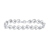 Sterling Silver Womens Round Diamond Heart Link Bracelet 1/10 Cttw