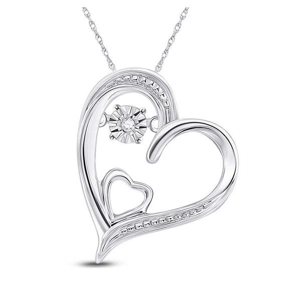 Sterling Silver Womens Round Diamond Double Heart Moving Twinkle Pendant .01 Cttw