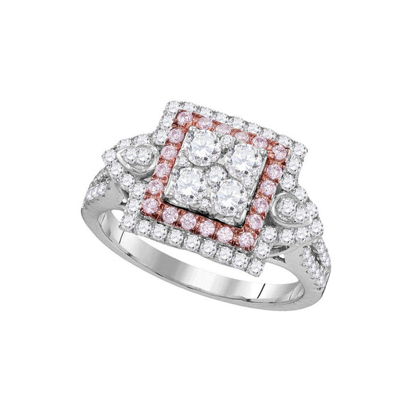 14kt White Gold Womens Round Pink Diamond Square Cluster Ring 1 Cttw