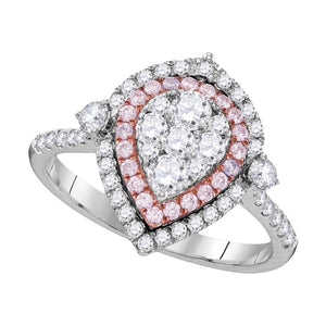 14kt White Gold Womens Round Pink Diamond Teardrop Cluster Ring 1 Cttw