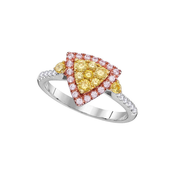 14kt White Gold Womens Round Yellow Pink Diamond Triangle Fashion Ring 7/8 Cttw
