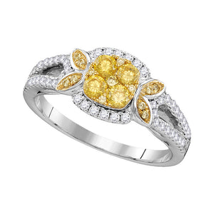 14kt White Gold Womens Round Yellow Diamond Square Cluster Ring 3/4 Cttw