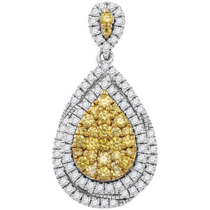 14kt White Gold Womens Round Yellow Diamond Teardrop Cluster Pendant 1-1/2 Cttw