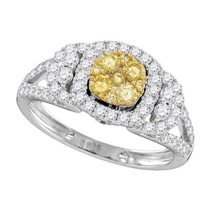 14kt White Gold Round Yellow Diamond Cluster Bridal Wedding Engagement Ring 1-1/5 Cttw