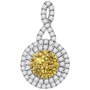 14kt White Gold Womens Round Yellow Diamond Concentric Circle Frame Cluster Pendant 1 Cttw