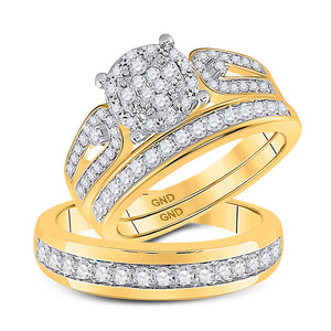 10kt Yellow Gold His Hers Round Diamond Cluster Matching Wedding Set 1 Cttw