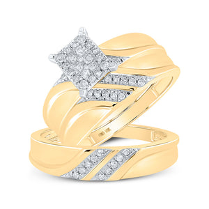 10k Yellow Gold Diamond Cluster Matching Trio His Hers Wedding Ring Band Set 1/3 Cttw