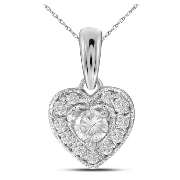 14kt White Gold Womens Round Diamond Solitaire Heart Pendant 1/4 Cttw