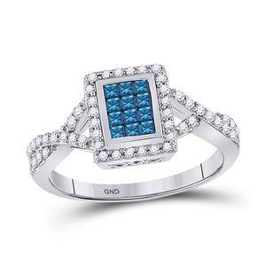 10kt White Gold Womens Princess Blue Color Enhanced Diamond Cluster Ring 1/2 Cttw