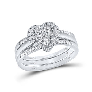 10kt White Gold Round Diamond Heart Bridal Wedding Ring Band Set 1/2 Cttw