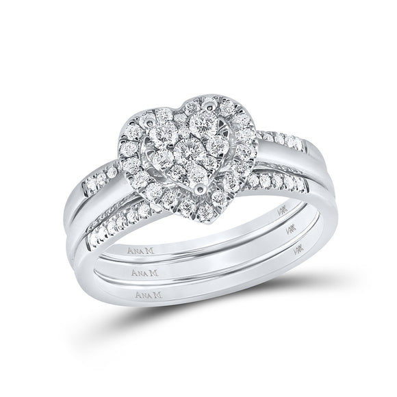 10kt White Gold Round Diamond Heart Bridal Wedding Ring Band Set 1/2 Cttw