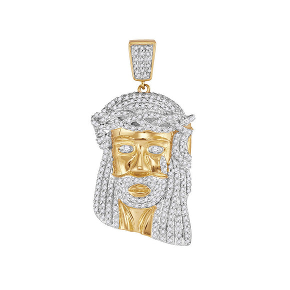 10kt Yellow Gold Mens Round Diamond Jesus Face Charm Pendant 7/8 Cttw
