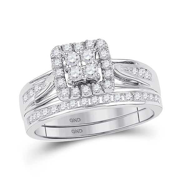 10kt White Gold Round Diamond Halo Bridal Wedding Ring Band Set 1-1/2 Cttw